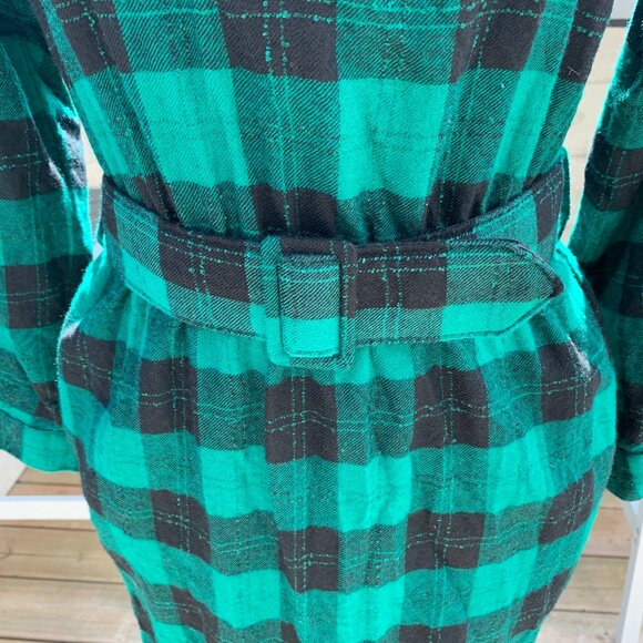 Vintage 80s Tartan Plaid Wool Long Sleeve Belted Sheath Shirt Dress - Picture 5 of 16